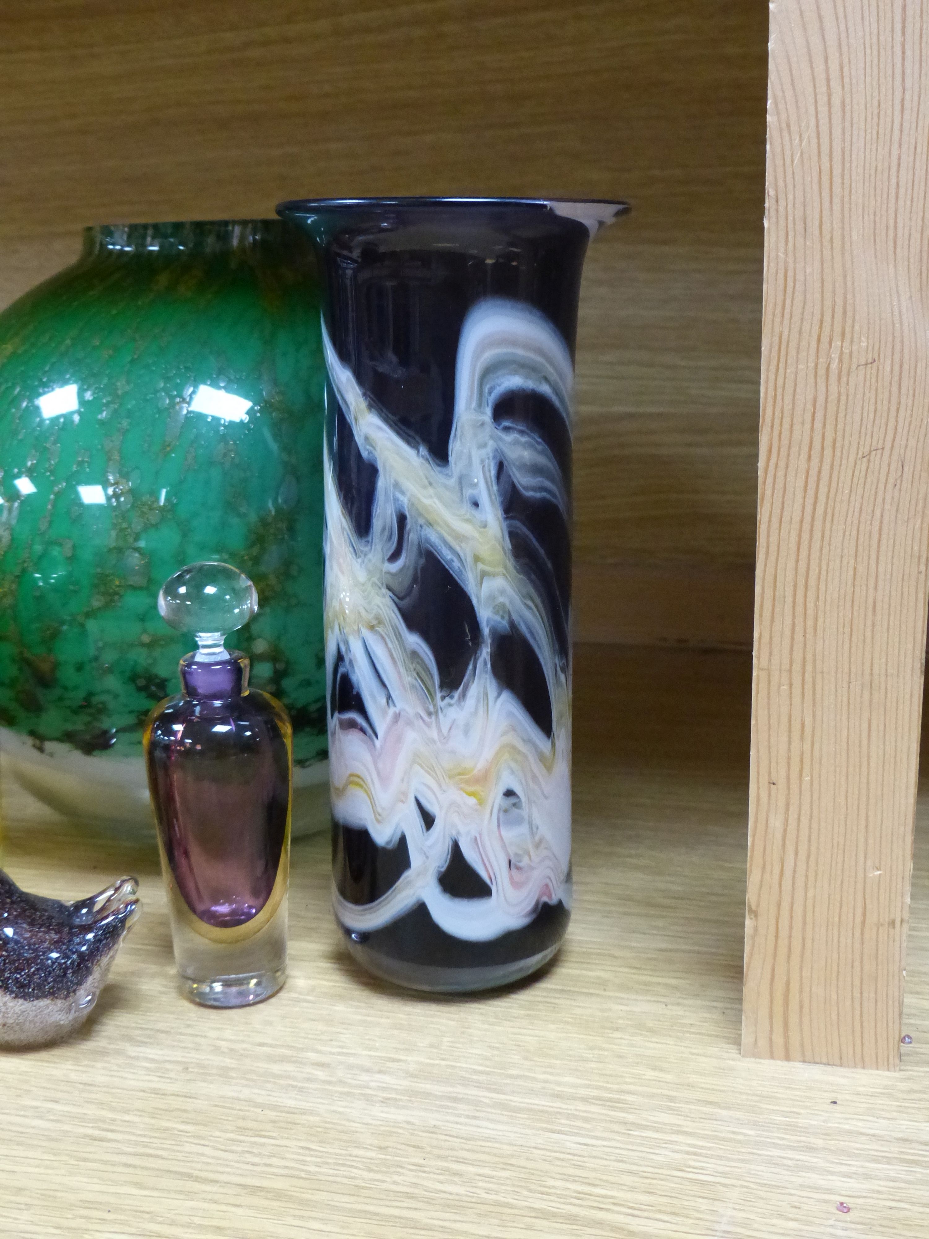 Two Adrian Sankey glass vases and a collection of studio glass, tallest 24cm